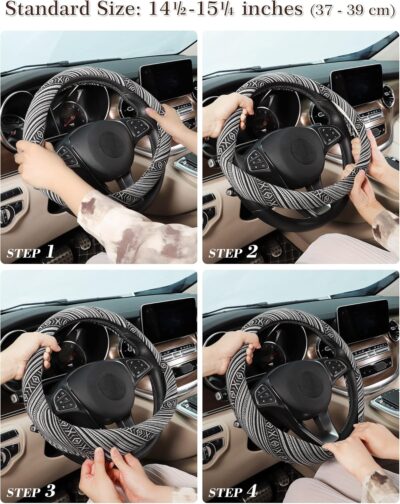 SEG Direct Boho Steering Wheel Cover with Baja Blanket Cloth, Ethnic Style Auto Wheel Cover Made of Coarse Flax, Fits 14 1/2-15 1/4 inches Car Wheel - Image 6