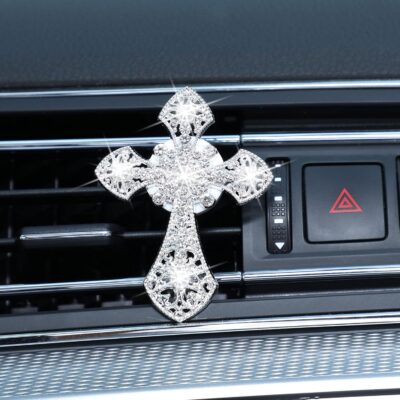 Frienda Bling Car Air Vent Clip Crystal Cross Rhinestone Vehicle Air Conditioner Outlet Vent Charm Car Bling Accessories for Women Wheels Interior Decoration(Silver) - Image 3