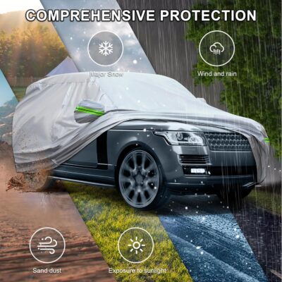 Full Car Cover Universal 6 Layers Outdoor Thicked All Weather Cover, Sunshield, Waterproof, Snow Proof, UV Proof, Scratch Proof, Bird Droppings, 6 Reflective Strips, Fits SUVs up to 180" - Image 2