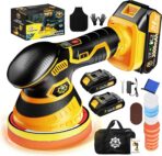 Cordless Car Buffer Polisher kit [2x 2000mAh 21V Batteries & 18 PCS Attachments] 6-Speed Orbital Design, LED Display, Lightweight Detailing Tool for Waxing, Polishing & Scratch Removal-Yellow