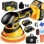 Cordless Car Buffer Polisher kit [2x 2000mAh 21V Batteries & 18 PCS Attachments] 6-Speed Orbital Design, LED Display, Lightweight Detailing Tool for Waxing, Polishing & Scratch Removal-Yellow