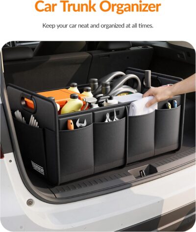 Homeve Trunk Organizer, Car Storage, Reinforced Handles, Collapsible Multi-Compartment, Foldable, Waterproof, Sturdy, 600D Oxford Polyester For Car, SUV, Mini-Van, Black, 2 Compart - Image 3