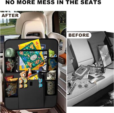 Car Backseat Organizer with Tablet Holder, 6 Storage Pockets Seat Back Protectors Kick Mats for Kids, Car Seat Protector for Road Trips 2 Pack (Black) - Image 4