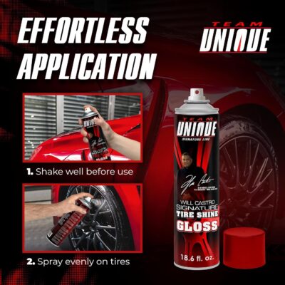 TEAM UNIQUE Tire Shine Gloss – 18.6 Fl Oz (550mL) | High-Gloss Formula for Ultimate Tire Shine | Protects Against Cracking and Fading | Non-Greasy, Low-Sling Spray for Easy Application - Image 4