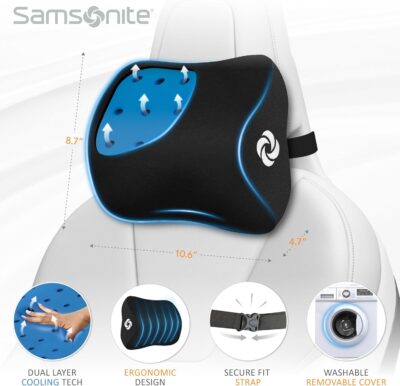 Samsonite Ergonomic Neck Pillow – Large Car Neck Pillow for Driving, Gel Memory Foam Cushion for Travel, Cooling Car Support Headrest for Road Trips, Fits Cars, SUV's, Trucks, and Desk Chairs, Black - Image 5