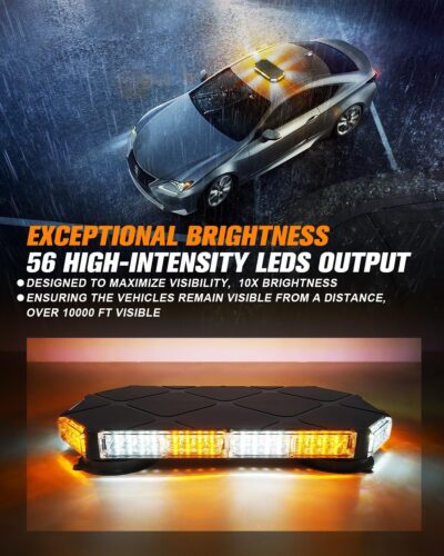 LUMENIX 56 LED Roof Top Strobe Beacon Lights Bar Rooftop Hazard Warning Emergency Safety Flashing Plow Light for Construction Vehicles Tow Commercial Trucks Postal Security Cars Snowplow - Amber White - Image 2