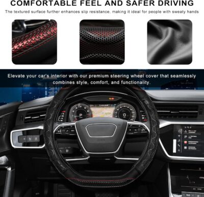 Car Steering Wheel Cover, 15 Inches Leather Comfy Grip Steering Wheel Protector with 3D Honeycomb, Anti-Slip D-Shaped Wheel Wrap Cover for Most Vehicles, Car Accessories (Black) - Image 4