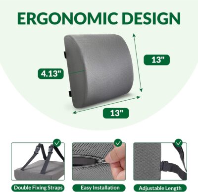 Lumbar Support Pillow for Office Chair and Car,Back Support for Office Chair,Charcoal Memory Foam Back Cushion with Breathable Mesh Cover,Double Adjustable Straps,Grey - Image 2
