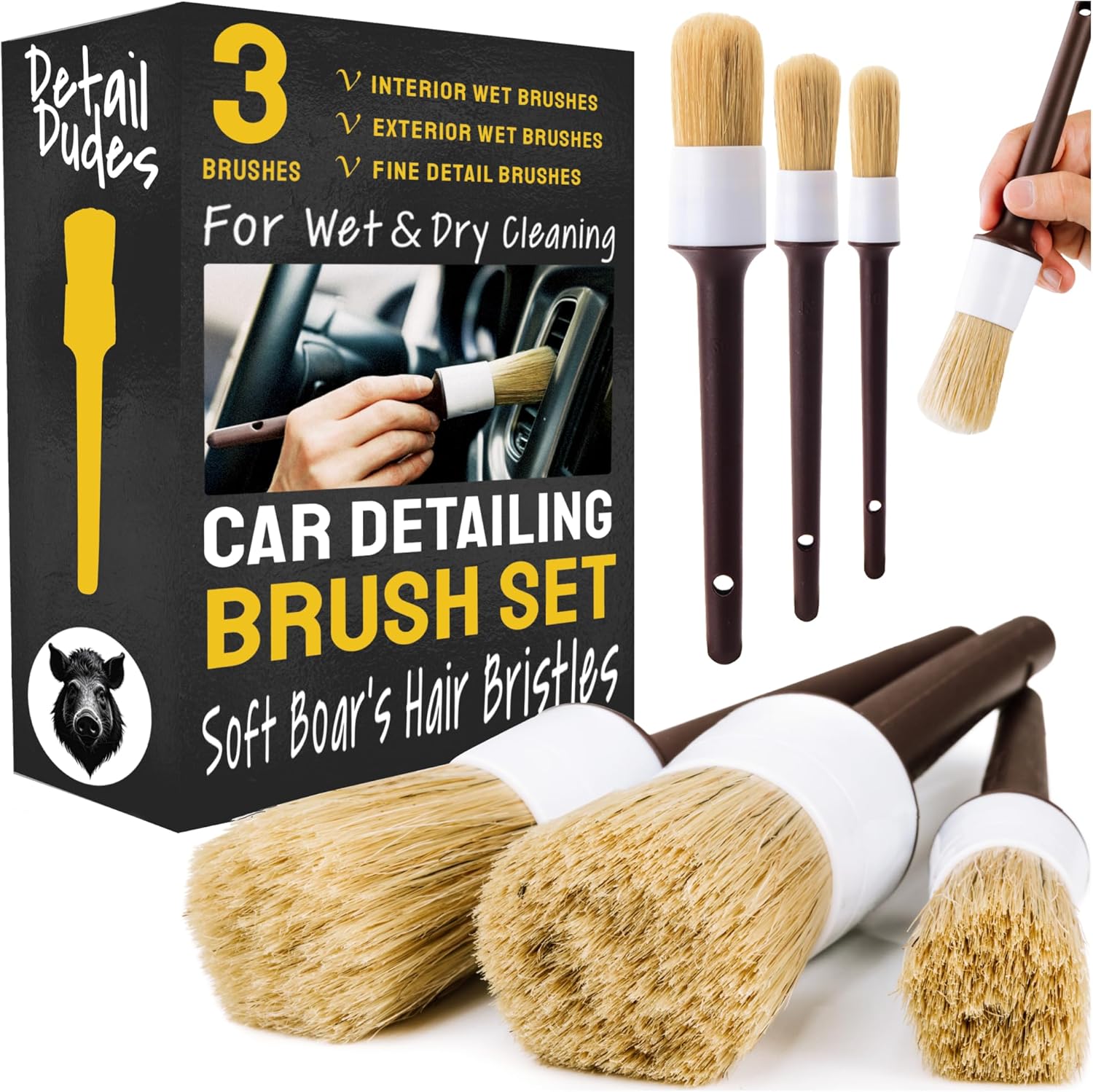 81FVA2nOHEL._AC_SL1500_.jpg Car Detailing Brush Set 3-pc - Scratch-Free Boars Hair for Interior and Exterior Work - Pro Quality Car Cleaning Brush Kit for Leather Seats, Dashboards, Wheels, Grills and Paint - Image 1