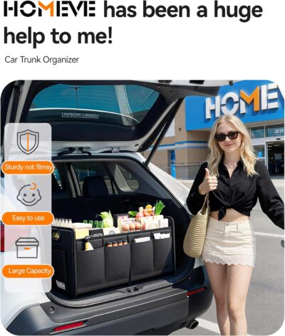 Homeve Trunk Organizer, Car Storage, Reinforced Handles, Collapsible Multi-Compartment, Foldable, Waterproof, Sturdy, 600D Oxford Polyester For Car, SUV, Mini-Van, Black, 2 Compart - Image 2