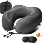MLVOC Neck Pillow for Traveling, Upgraded 100% Pure Memory Foam Travel Neck Pillow for Airplane Flight Sleep, Breathable & Machine Washable Cover, Travel Kit with 3D Eye Mask, Earplugs & Bag, Black