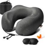 MLVOC Neck Pillow for Traveling, Upgraded 100% Pure Memory Foam Travel Neck Pillow for Airplane Flight Sleep, Breathable & Machine Washable Cover, Travel Kit with 3D Eye Mask, Earplugs & Bag, Black