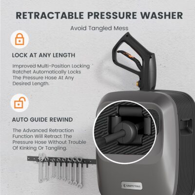 Giraffe Tools Grandfalls Retractable Pressure Washer G20B, 2500 PSI 2.2 GPM, Wall Mounted Power Washer with 65FT Hose Reel, Black Pressure Hoses, 4 Nozzles for Floor/Cars/Fences/Patios, Dark Silver - Image 3