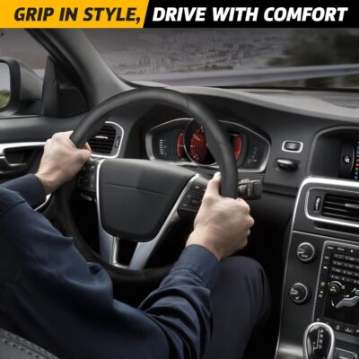 EcoNour Car Steering Wheel Cover | Premium & Durable PU Leather with Anti-Slip Design | Universal Fit 14.5" - 15" Steering Wheel Cover | Car and Truck Accessories - Black - Image 7