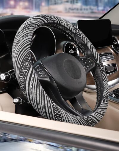 SEG Direct Boho Steering Wheel Cover with Baja Blanket Cloth, Ethnic Style Auto Wheel Cover Made of Coarse Flax, Fits 14 1/2-15 1/4 inches Car Wheel - Image 5
