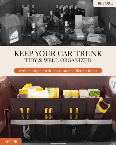 HOTOR Trunk Organizer - Car Organizer with 5 Pockets, Trunk organizer for SUV, Sedan & Van, Car Organization with Sturdy Base Panel for Car Accessories, Black, 2 Compartments, 21.3"×12.6"×10.6" - Image 5