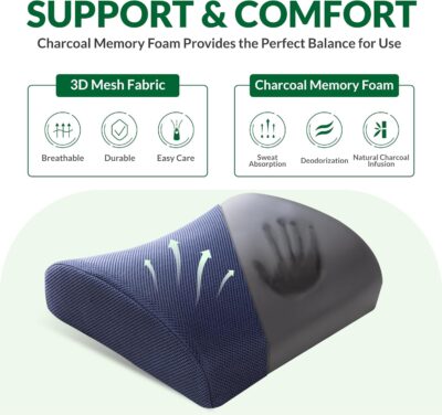 Back Support Pillow for Office Chair and Car Seat,Lumbar Support for Office,Charcoal Memory Foam Back Cushion-Breathable Mesh Cover,Double Adjustable Straps,Dark Blue - Image 3