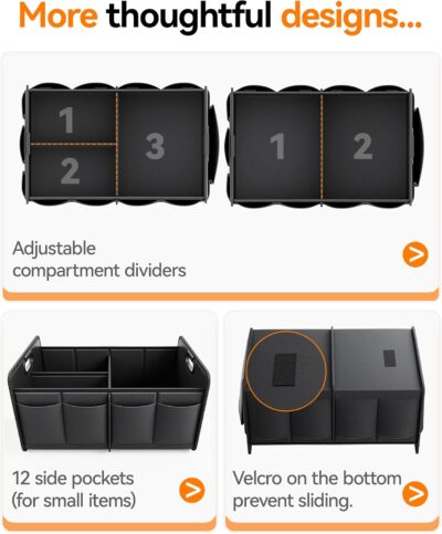 Homeve Trunk Organizer, Car Storage, Reinforced Handles, Collapsible Multi-Compartment, Foldable, Waterproof, Sturdy, 600D Oxford Polyester For Car, SUV, Mini-Van, Black, 2 Compart - Image 8