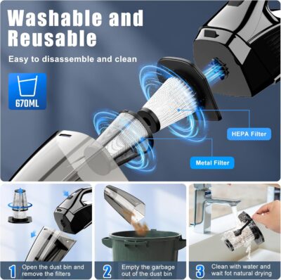 Handheld Vacuum Cordless Rechargeable Portable Car Vacuum, 7500Pa Powerful Suction Mini Hand Held Vacuum, 670ML Cup Lightweight Small Vacuum Cleaner for Car/Office/Home, Pet Hair - Image 7