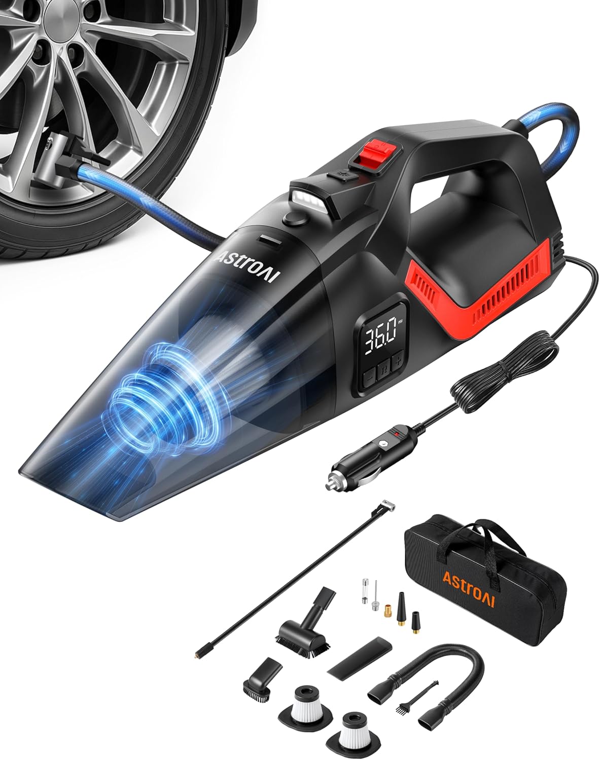 81I-5Wu0frL._AC_SL1500_.jpg AstroAI 4-in-1 Car Vacuum Cleaner and Tire Inflator Portable with Accessories Air Compressor Digital Dual Values Display, 150 PSI Car Tires Air Pump with LED Light, 12V DC, 16.4FT Cord for Auto - Image 1