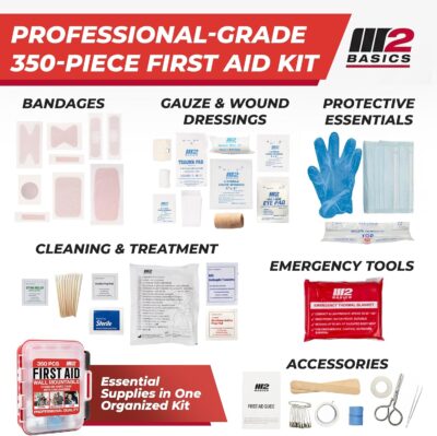 M2 BASICS Professional 350 Piece First Aid Kit, Wall Mountable Dual Layer Hard Case for Business, Home, Car, Vehicle & Work - Image 3