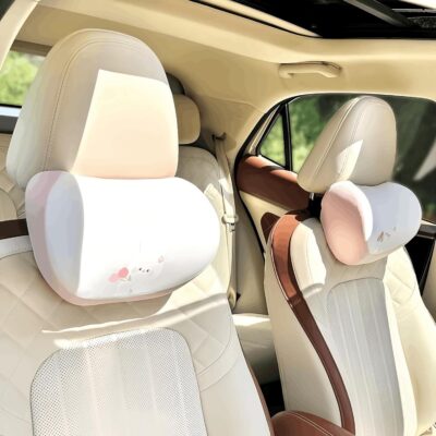 Car Headrest Pillow 2PCS Auto Headrest Cushion Memory Foam Car Seat Headrest Pillow - Comfort and Style On The Go Memory Foam Head Pillow Bear and Bunny Neck Support (Pink - Bunny) - Image 2