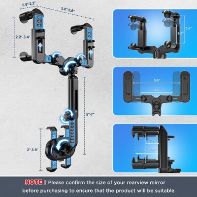 IPOW Large Rearview Mirror Phone Holder for Car 360°Rotatable and Retractable, 2024 Upgraded Four Corners Fixed Anti-Shake Multifunctional Design for All Phones and All Car Rearview Mirror with Button - Image 5