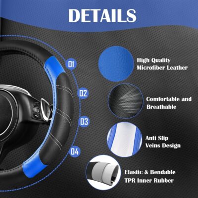 CAR PASS Air Mesh Leather Car Seat Covers Full Set, Waterproof Car Floor Mats, Sporty Steering Wheel Cover 14.5-15in, Universal Fits for 95% Cars Truck SUV (Black and Blue) - Image 7