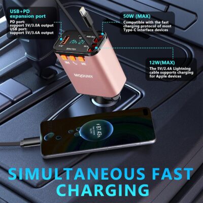 Retractable Car Charger,5 in 1 Fast Cars Phone Charger 60w,Bluetooth 5.3 FM Transmitter Adapter,Handsfree Call,MP3 Player,2 Retractable Cables and USB Chargers, for Phone,Galaxy,Pixel (Pink) - Image 6