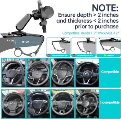 Dashboard Car Phone Holder, Universal 360° Rotation Dash Phone Mount for Car, Multifunctional Dashboard Clip Phone Bracket, Hands-Free Cell Phone Holder Stand Compatible with iPhone & Android (Black) - Image 2