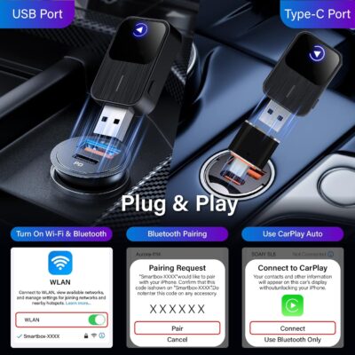 2026 Upgraded Wireless CarPlay Adapter for iPhone & Android Auto, 5X Faster Auto-Connect No Latency, Converts Wired to Wireless CarPlay, Plug & Play, 2 in 1 Adapter for iOS 12+/Android 11+, Black - Image 4