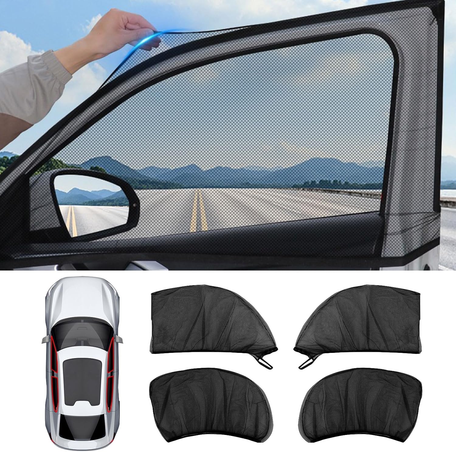 81JVVo8ihSL._AC_SL1500_.jpg 4-Pack Car Window Shades with Insect Screen, UV Blocking & Breathable Mesh, Universal Fit for 96% Cars, for Baby Kids Travel Camping, Heat Insulation & Privacy Protection - Image 1