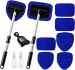 11pcs Windshield Cleaner Tool, Car Window Cleaning Wash Kit with 6 Reusable Microfiber Pads 2 Spray Bottles and Extendable Handles Auto Glass Wiper Kit, Blue