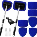 11pcs Windshield Cleaner Tool, Car Window Cleaning Wash Kit with 6 Reusable Microfiber Pads 2 Spray Bottles and Extendable Handles Auto Glass Wiper Kit, Blue