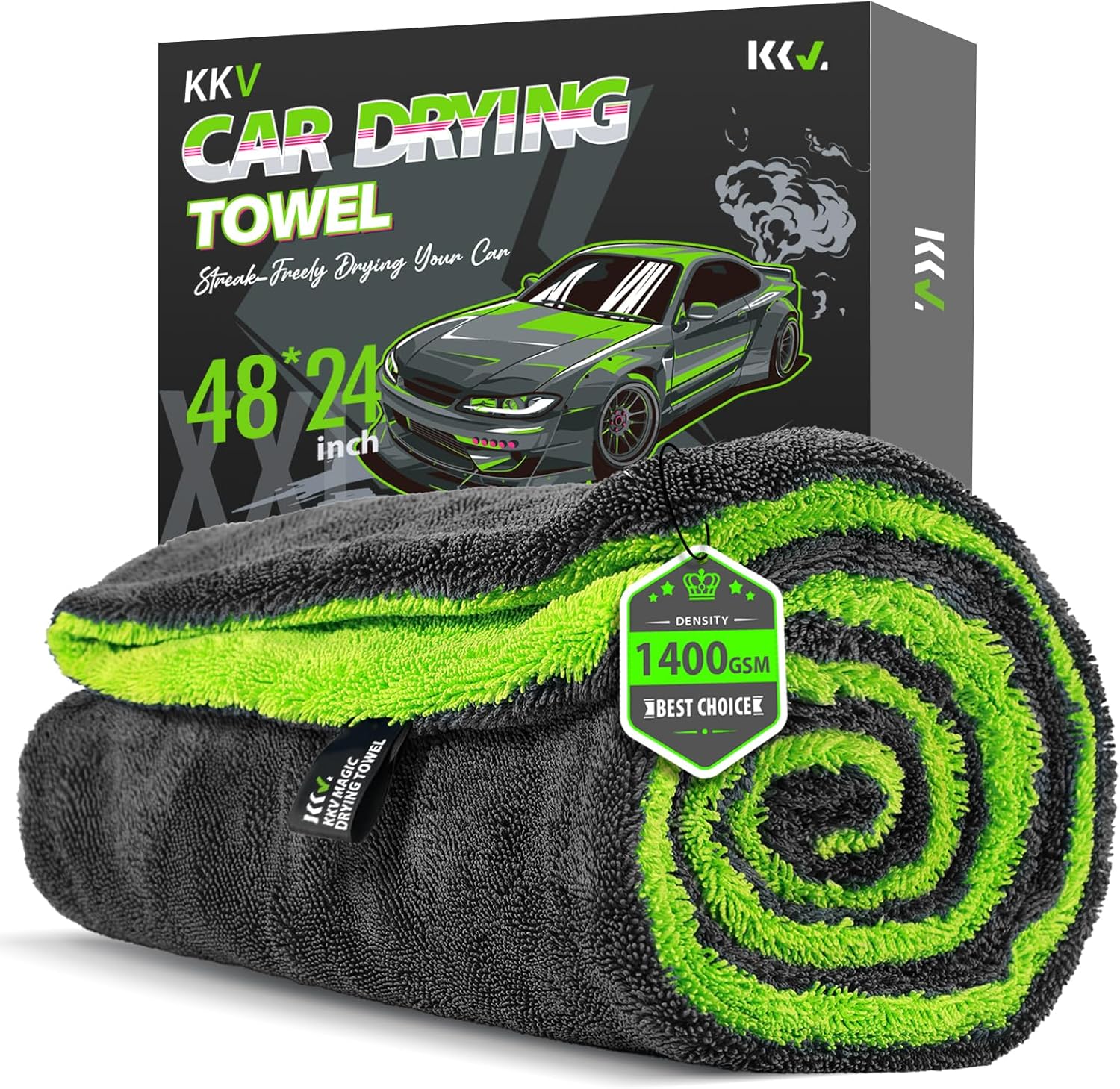 81JvP2VNcwL._AC_SL1500_.jpg KKV Full-Sized SUV Drying Towel, 48”x24” Dual Sided Microfiber Car Cleaning Towel with Twisting Yarn Technique, 1400GSM Super Absorbent, Scratch-Free, Machine Washable (Darkgray-GreenYellow) - Image 1