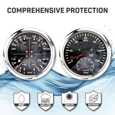 RACETECH 110mm (4-3/8") 2 Gauge Set - 2in1 GPS Speedometer Tachometer + 4in1 Oil, Water Fuel Volt Gauge Set – 7 Color LED Black Dial IP67 Waterproof 12V/24V – for Car Truck, Moto, Marine - Image 3