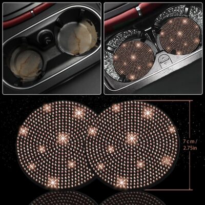 NBTEPEM 12 Pcs Bling Car Accessories Set for Women Car Floor Mats Full Set Steering Wheel Cover Seat Belt Covers Coasters Universal Fit Car SUV Truck Van Gold - Image 7