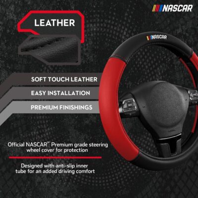 NASCAR Steering Wheel Cover, Two-Tone Red Leather Patchwork, Universal Fit 14.5"-15.5" Steering Covers for Cars, Anti-Slip, Soft Grip, Odor-Free, Trucks & SUVs, Racing Style Interior Upgrade - Image 2
