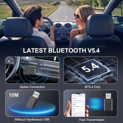 USB Bluetooth 5.4 Adapter for Car, Bluetooth Music Receiver Plug & Play, 3.5mm AUX Jack Car Kit Built-in Microphone for Hands-Free Calling Compatible with Speakers/Home Stereo,USB-Powered - Image 3