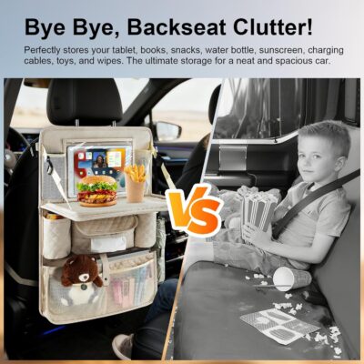 Car Backseat Organizer with Foldable Table Tray - 11 Storage Pockets PU Leather Back Seat Organizer with Tablet Holder, Seat Back Protector for Kids Family Road Trip Travel Accessories (Beige) - Image 3