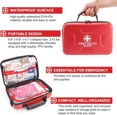 Gevoke 410 Piece Waterproof Hard Shell First Aid Kit for Home, Car, Travel, Camping, Truck, Hiking, Sports, Office, Vehicle & Outdoor Emergencies - Emergency Medical Kits (Red) - Image 3