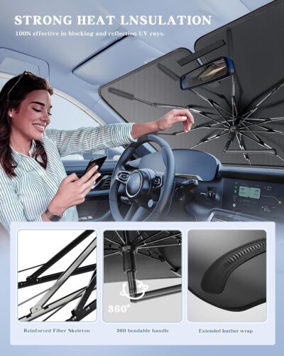 Portable for BMW X5 2019-2025 Windshield Sunshade Umbrella with Carry Bag, 2 in1 Ice Crystal Durable Compact Shade Umbrella UPF50+ UV Front Window Heat Insulation Protection Outdoor Camping - Image 5