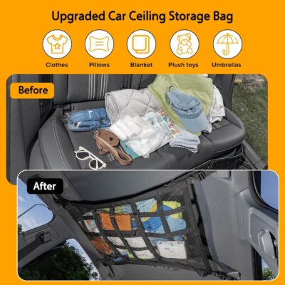 Car Ceiling Cargo Net with 3 Pockets,31.5"x21.6" Car Overhead Storage Mesh Organizer,Double Layer Roof Mesh Camping Overlanding Gear Must Haves Cargo Net,Road Trip Essentials - Image 5