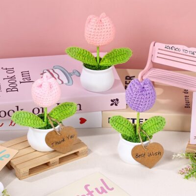 3 PCS Crochet Flower Pot,Crochet Tulip Small Potted Plants Handmade Knitted Flower Mothers Day Valentines Gifts Desk Car Dashboard Decor Gifts - Image 4