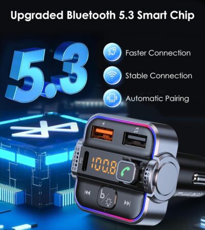 Bluetooth 5.3 FM Transmitter for Car, Dual Micphone Hands-Free Calls Wireless Radio Receiver, PD 30W & QC3.0 Fast Car Charger Adapter - Image 3