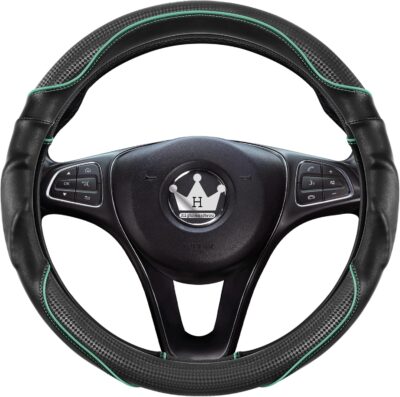 HighnessHwoo 3D Car Steering Wheel Cover Comfort Grip Massage Sporty Anti-Slip Carbon Fiber Faux Leather for F150, Trucks, Jeep, Van, Car Handle Covers for All Seasons, 15.2-16in, Green - Image 3