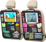 Car Backseat Organizer ，2 Pack Car Organizer Back Seat with 11" Tablet Holder, 10 Storage Pockets Seat Back Protectors Kick Mats for Kids Toddlers, Travel Accessories (Black)