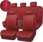 CAR PASS Bling Diamond Burgundy Leather Car Seat Covers Full Sets Interior Sets, Waterproof Shining Glitter Sparkly Crystal Universal Armrest Fit Automotive Truck SUV Cute Women Girl, Red Rhinestone - Image 9