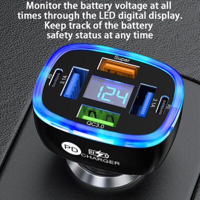 6-in-1 Multi-Function Car Charger with LED Digital Display, PD 3.1A & QC3.0 Super Fast Charging, Fire-Proof PC Body, Multi-Port USB/Type-C Car Adapter for iPhone Android Tablets Cars - Image 2