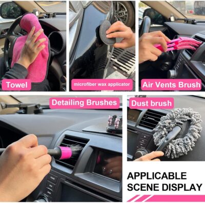 Pink 62" Car Wash Brush with Long Handle,Chenille Microfiber Car Wash Mop Sponge Mitt ,Windshield Window Squeegee,Wheel Brush,Car Detailing Brushes,Car Duster,Towel,Car Cleaning Kit for Cars RV Truck - Image 6